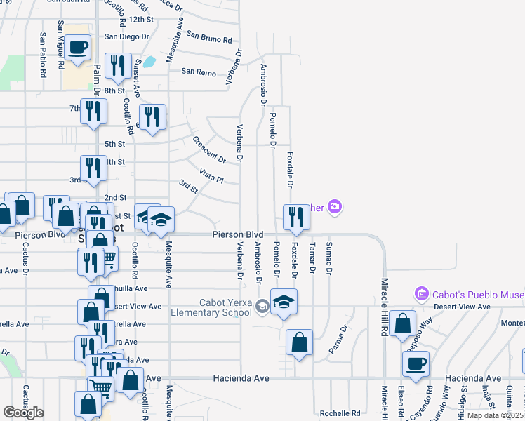 map of restaurants, bars, coffee shops, grocery stores, and more near 11800 Ambrosio Drive in Desert Hot Springs