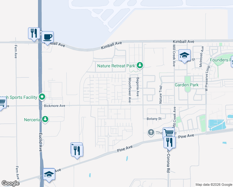 map of restaurants, bars, coffee shops, grocery stores, and more near 16029 Voyager Avenue in Chino