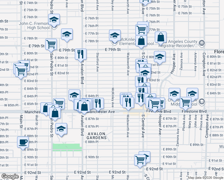 map of restaurants, bars, coffee shops, grocery stores, and more near 745 East 84th Street in Los Angeles