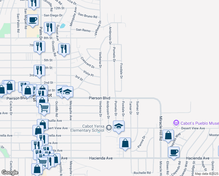 map of restaurants, bars, coffee shops, grocery stores, and more near 11800 Ambrosio Drive in Desert Hot Springs