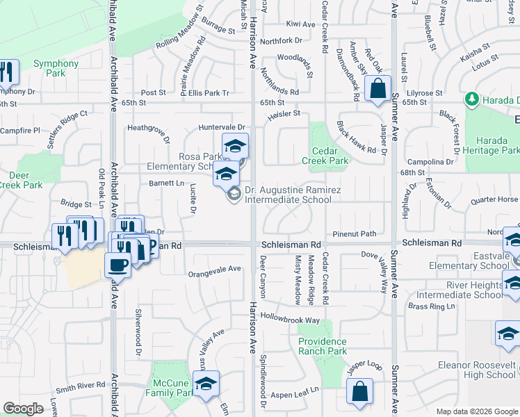 map of restaurants, bars, coffee shops, grocery stores, and more near 6876 Red Cardinal Court in Corona