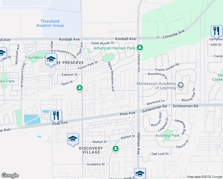 map of restaurants, bars, coffee shops, grocery stores, and more near 8694 Bay Laurel Street in Chino