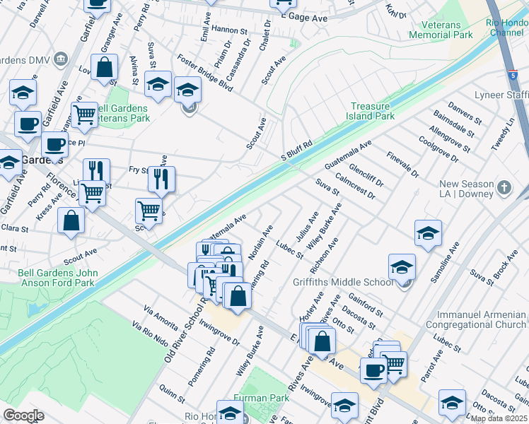 map of restaurants, bars, coffee shops, grocery stores, and more near in Downey