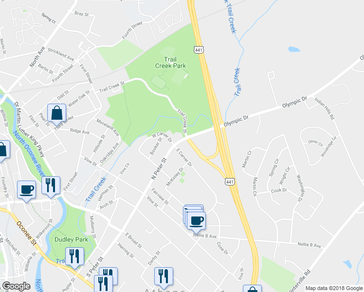 map of restaurants, bars, coffee shops, grocery stores, and more near 121 East Carver Drive in Athens