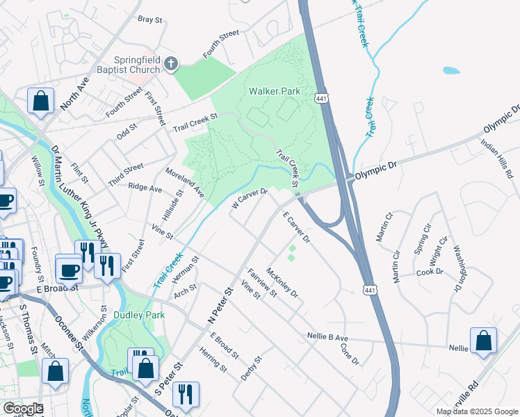 map of restaurants, bars, coffee shops, grocery stores, and more near 160 Booker Street in Athens