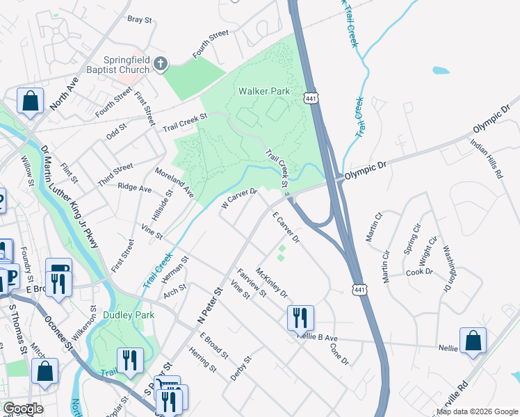 map of restaurants, bars, coffee shops, grocery stores, and more near 160 Booker Street in Athens