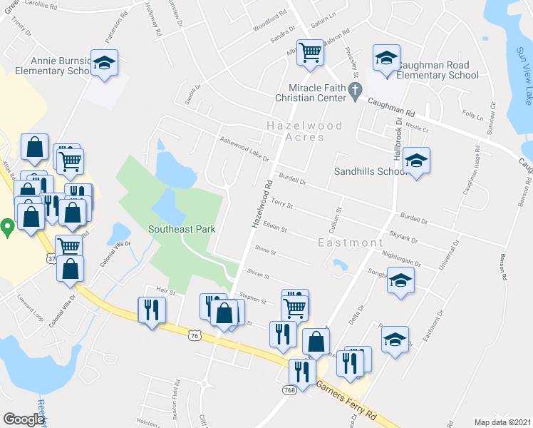 map of restaurants, bars, coffee shops, grocery stores, and more near 1204 Hazelwood Road in Columbia