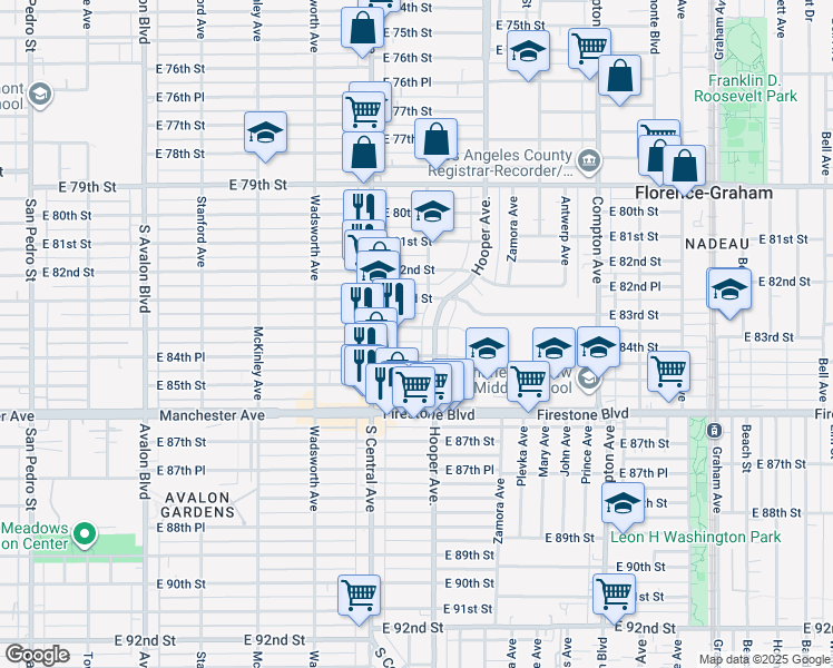 map of restaurants, bars, coffee shops, grocery stores, and more near 1152 East 84th Street in Los Angeles