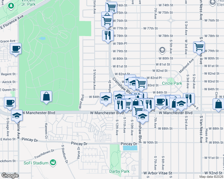 map of restaurants, bars, coffee shops, grocery stores, and more near 33733 West 83rd Street in Inglewood