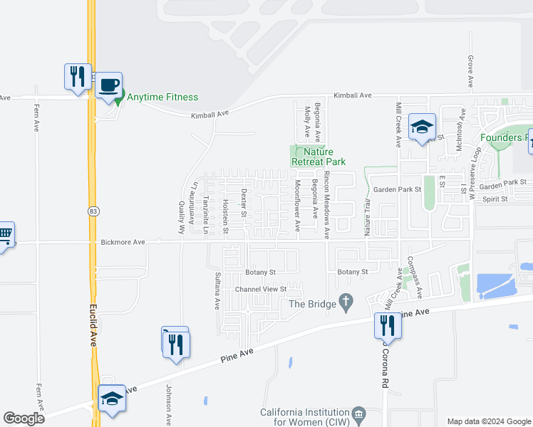 map of restaurants, bars, coffee shops, grocery stores, and more near 16029 Voyager Avenue in Chino