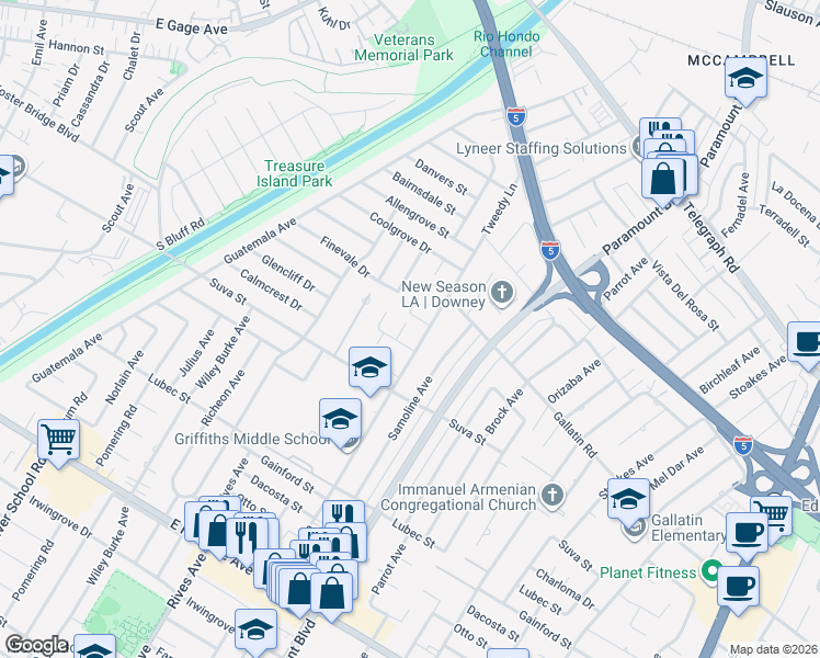 map of restaurants, bars, coffee shops, grocery stores, and more near 9210 Smallwood Avenue in Downey