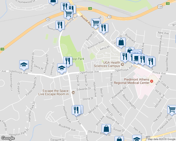 map of restaurants, bars, coffee shops, grocery stores, and more near 391 Oaktree Square in Athens