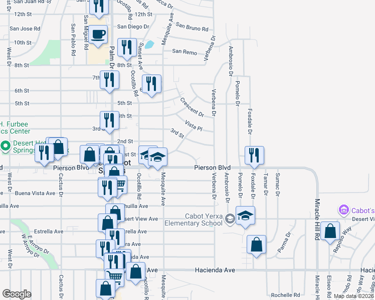 map of restaurants, bars, coffee shops, grocery stores, and more near 66895 3rd Street in Desert Hot Springs