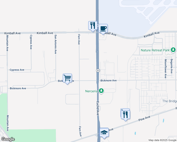 map of restaurants, bars, coffee shops, grocery stores, and more near 16081 Fern Avenue in Chino