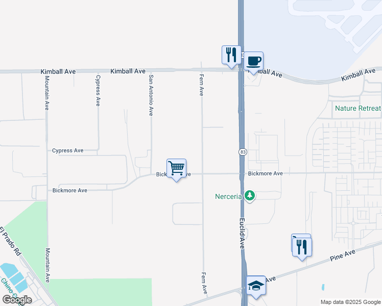 map of restaurants, bars, coffee shops, grocery stores, and more near 6810 Bickmore Avenue in Chino