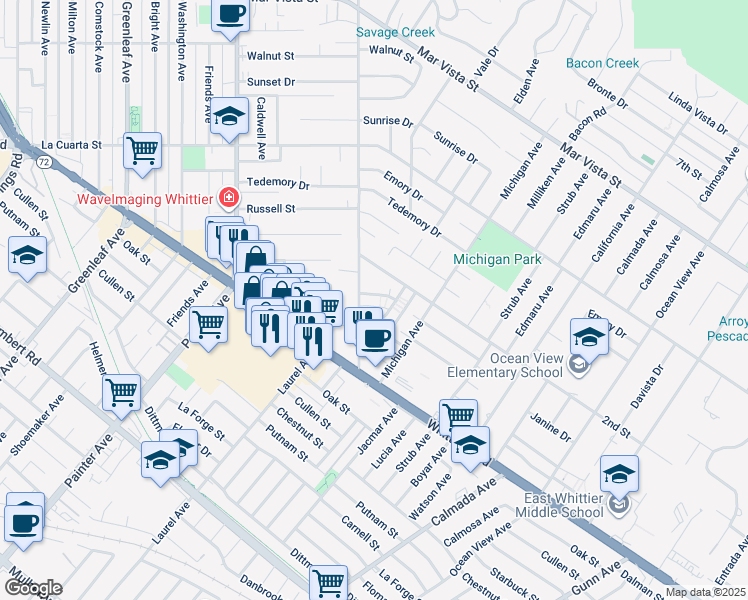 map of restaurants, bars, coffee shops, grocery stores, and more near 8313 College Avenue in Whittier