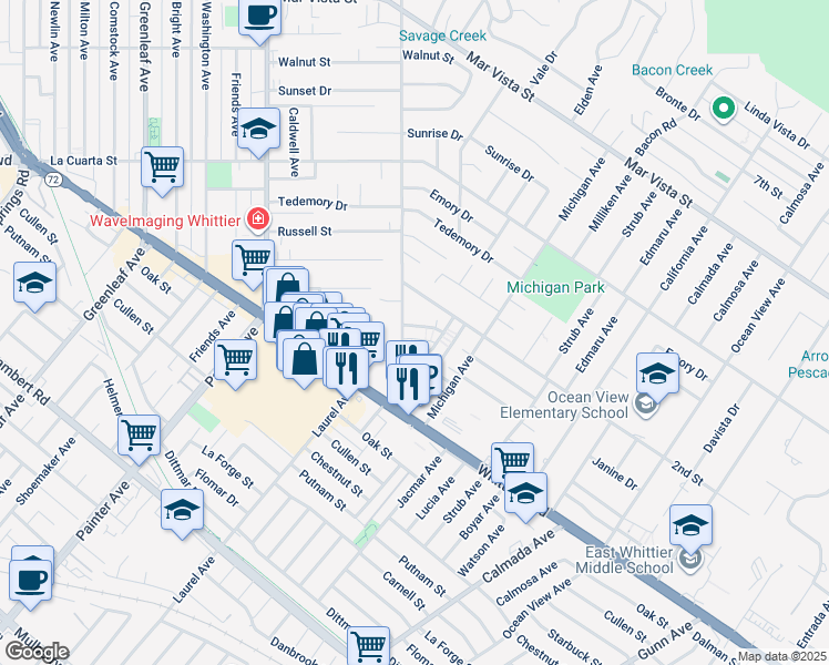 map of restaurants, bars, coffee shops, grocery stores, and more near 8313 College Avenue in Whittier