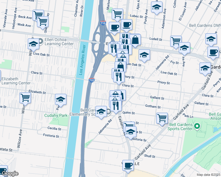 map of restaurants, bars, coffee shops, grocery stores, and more near 5626 Clara Street in Bell Gardens