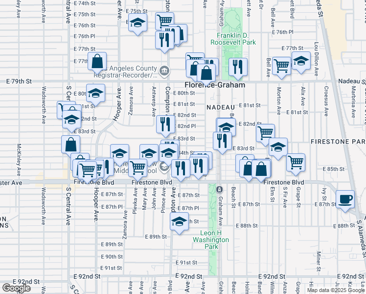 map of restaurants, bars, coffee shops, grocery stores, and more near 1534 East 83rd Street in Los Angeles