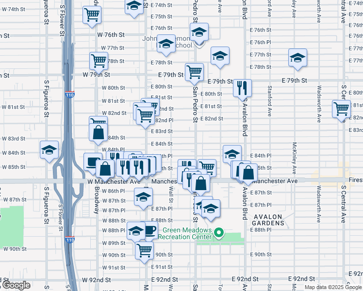 map of restaurants, bars, coffee shops, grocery stores, and more near 241 East 84th Street in Los Angeles