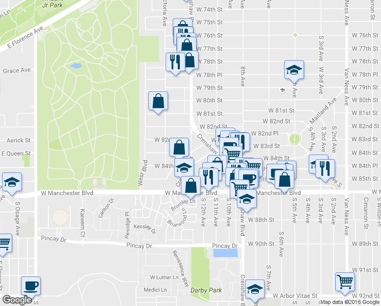 map of restaurants, bars, coffee shops, grocery stores, and more near 33733 West 83rd Street in Inglewood