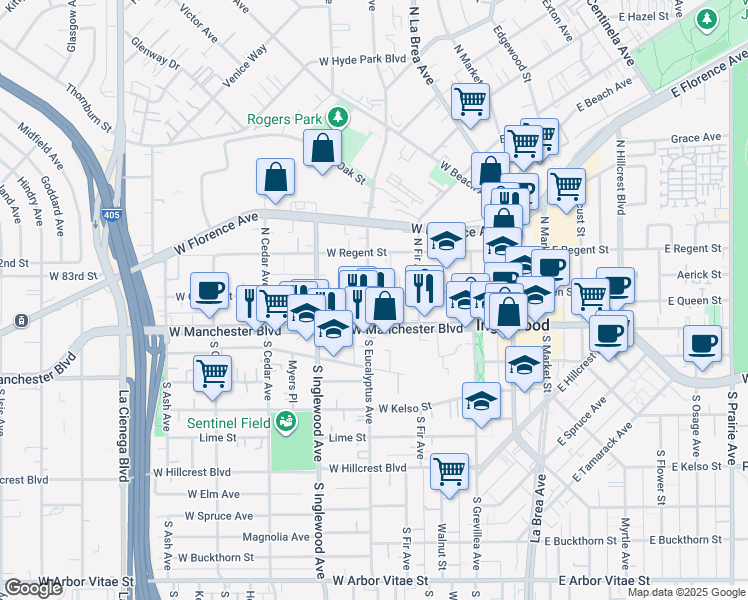map of restaurants, bars, coffee shops, grocery stores, and more near 235 West Queen Street in Inglewood