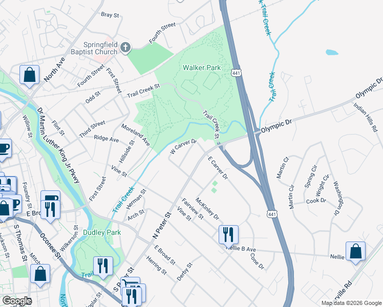 map of restaurants, bars, coffee shops, grocery stores, and more near 160 Booker Street in Athens
