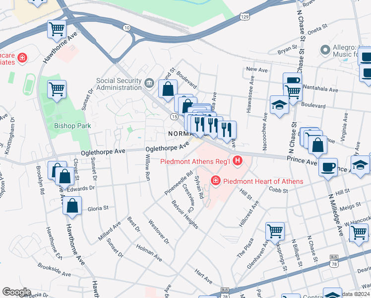 map of restaurants, bars, coffee shops, grocery stores, and more near 102 Spear Road in Athens