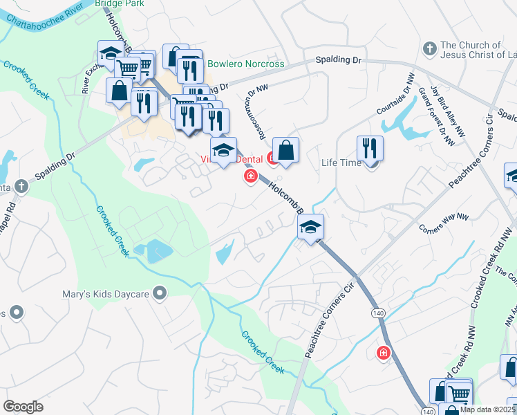 map of restaurants, bars, coffee shops, grocery stores, and more near 6349 Baker Court in Norcross