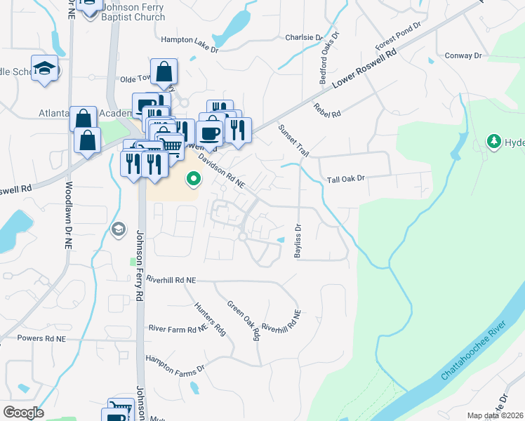map of restaurants, bars, coffee shops, grocery stores, and more near 610 Serramonte Drive in Marietta