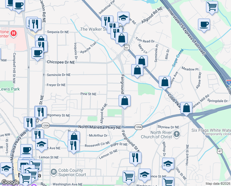 map of restaurants, bars, coffee shops, grocery stores, and more near 465 Hyde Drive Northeast in Marietta