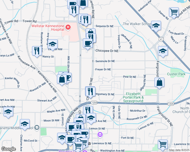 map of restaurants, bars, coffee shops, grocery stores, and more near 452 Cherokee Street Northeast in Marietta
