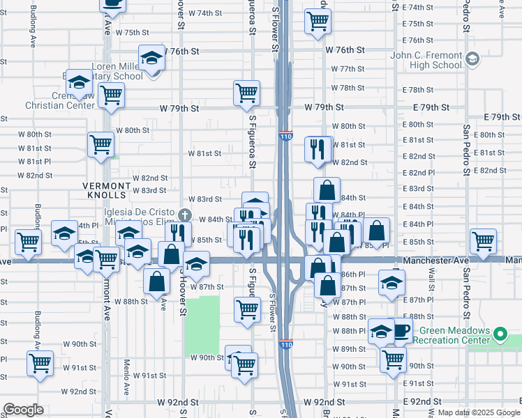 map of restaurants, bars, coffee shops, grocery stores, and more near 8414 South Figueroa Street in Los Angeles