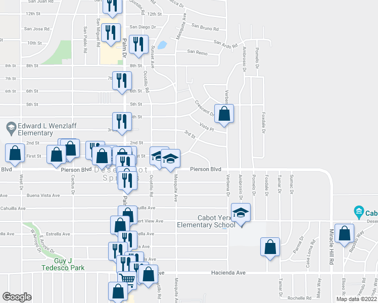 map of restaurants, bars, coffee shops, grocery stores, and more near 1st Street & Upland Way in Desert Hot Springs