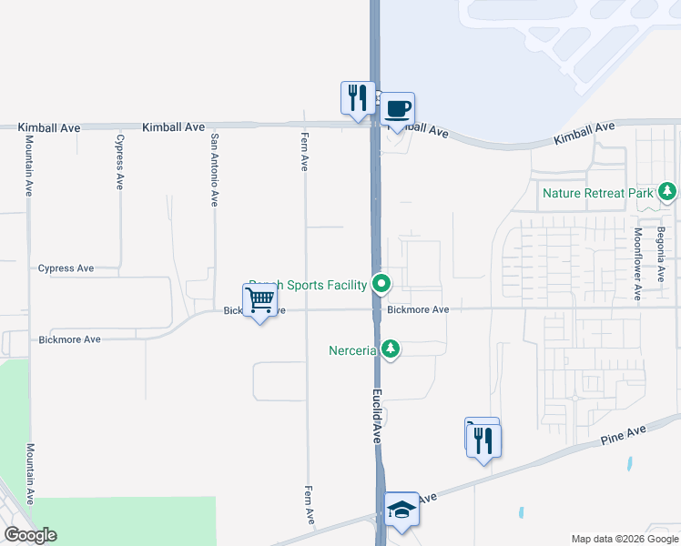 map of restaurants, bars, coffee shops, grocery stores, and more near 16081 Fern Avenue in Chino