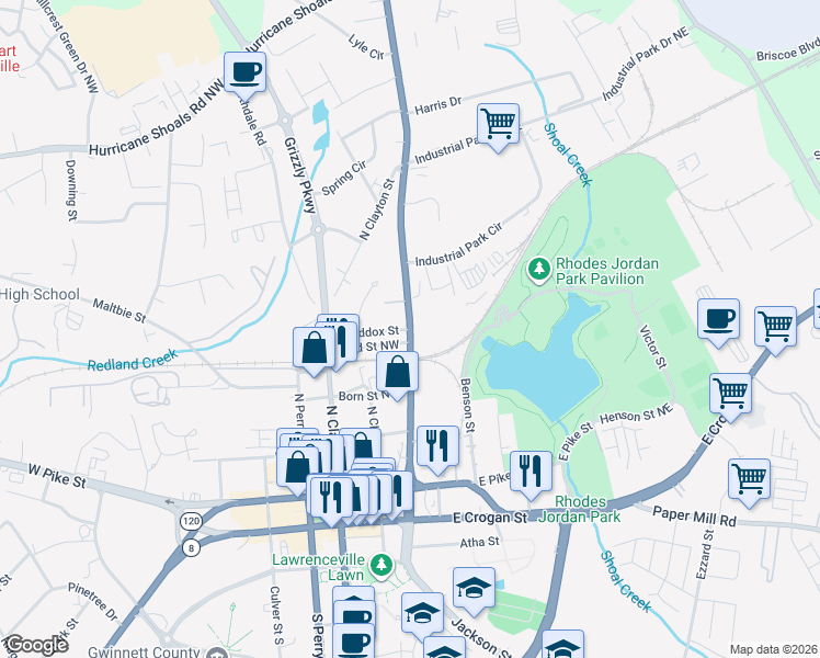 map of restaurants, bars, coffee shops, grocery stores, and more near 250 Buford Drive Northeast in Lawrenceville