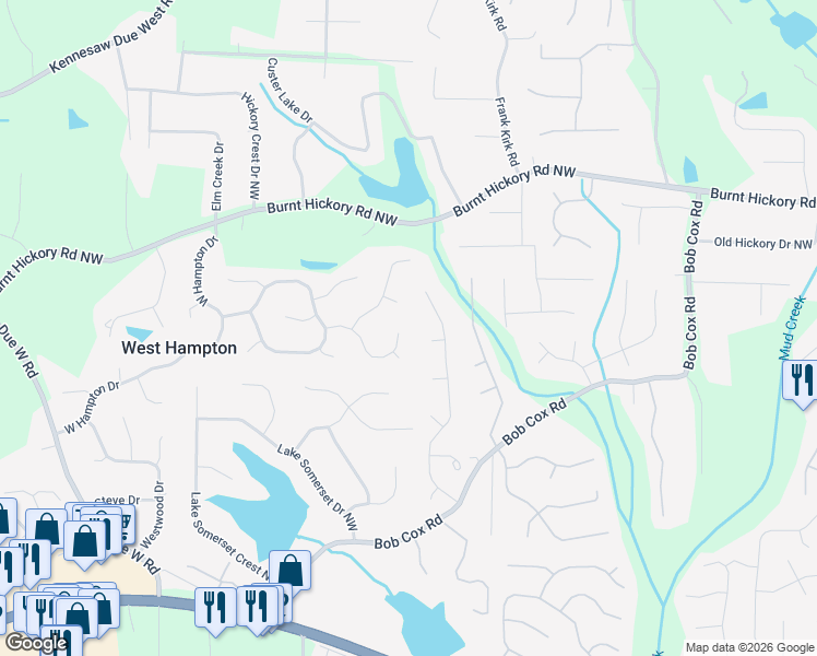 map of restaurants, bars, coffee shops, grocery stores, and more near 3227 Cobbs Farm Trail in Marietta
