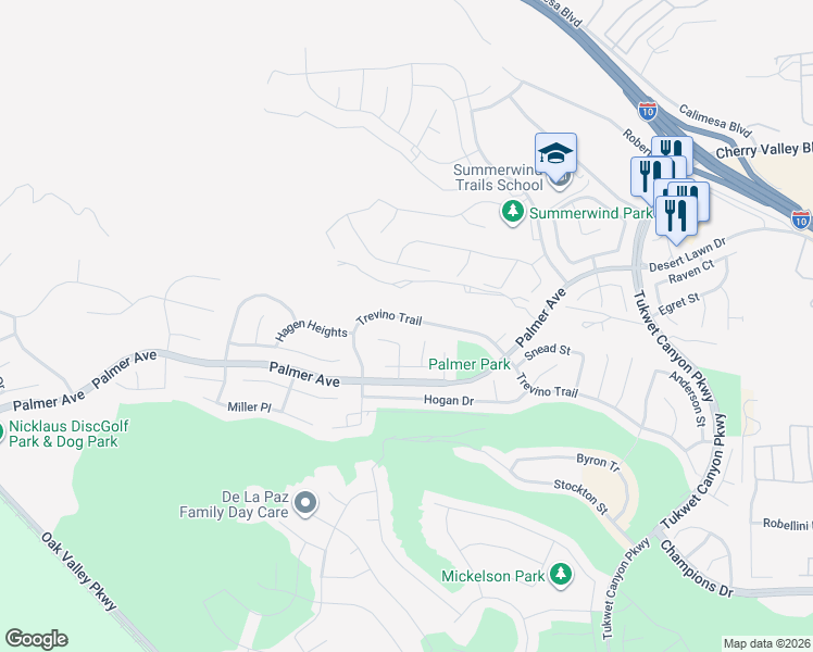 map of restaurants, bars, coffee shops, grocery stores, and more near 35109 Trevino Trail in Beaumont