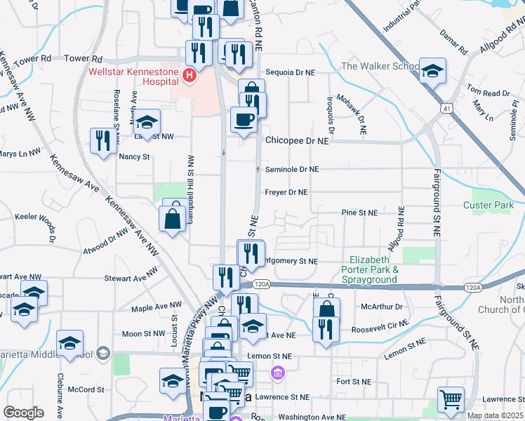 map of restaurants, bars, coffee shops, grocery stores, and more near 452 Cherokee Street Northeast in Marietta