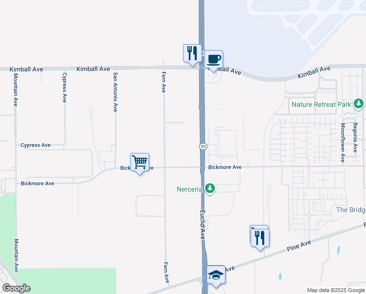 map of restaurants, bars, coffee shops, grocery stores, and more near 16081 Fern Avenue in Chino