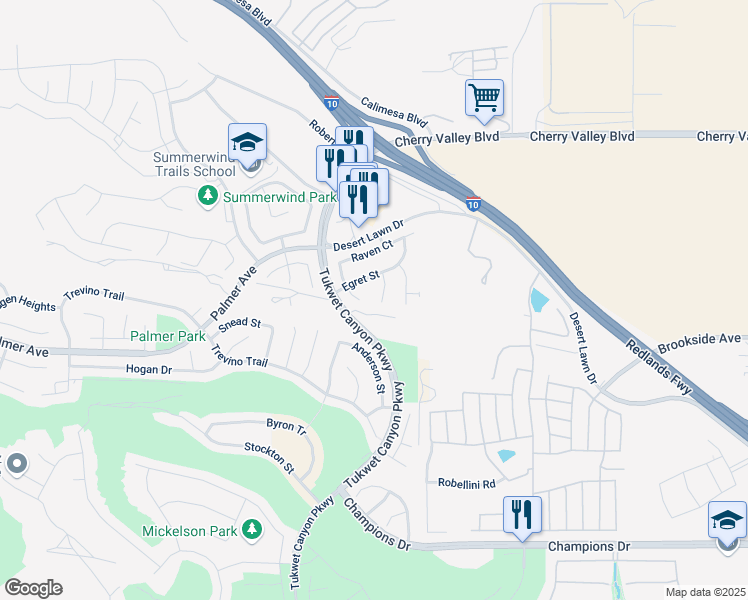 map of restaurants, bars, coffee shops, grocery stores, and more near 1016 Avocet Court in Calimesa