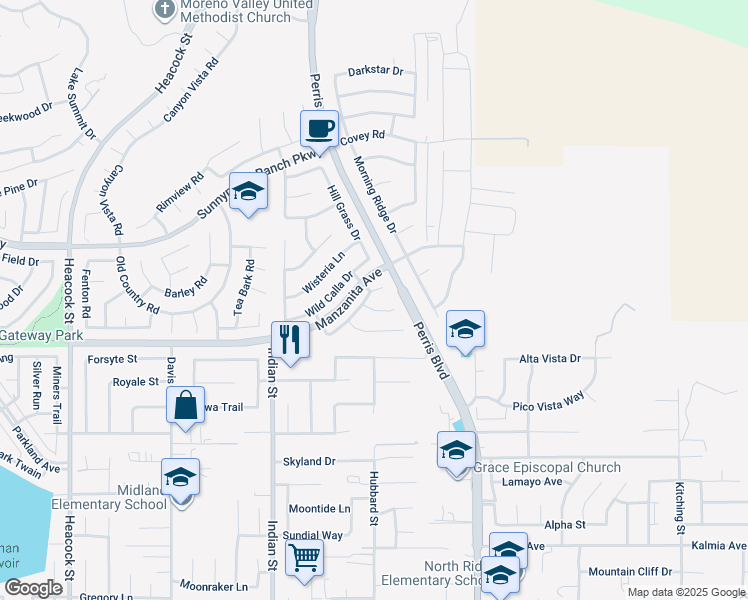 map of restaurants, bars, coffee shops, grocery stores, and more near 24735 Thornberry Circle in Moreno Valley