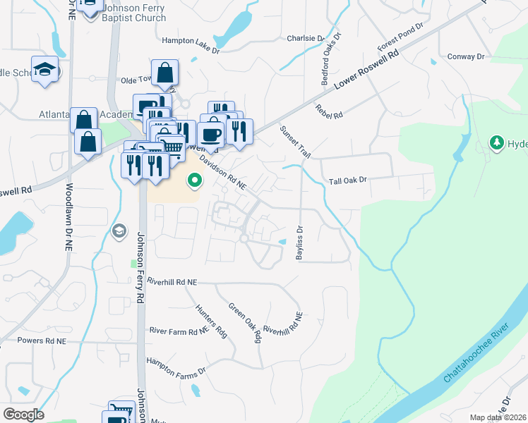 map of restaurants, bars, coffee shops, grocery stores, and more near 610 Serramonte Drive in Marietta