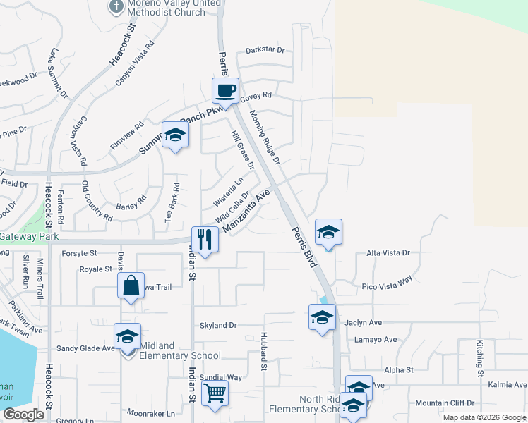 map of restaurants, bars, coffee shops, grocery stores, and more near 24735 Thornberry Circle in Moreno Valley
