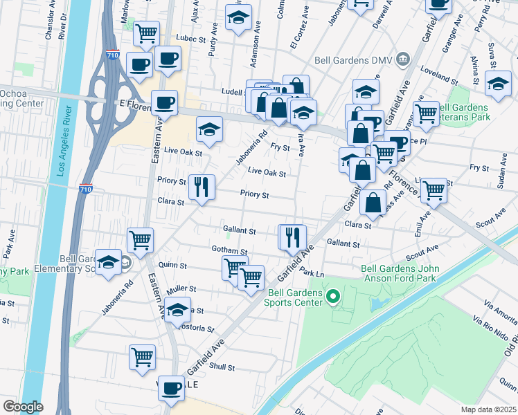 map of restaurants, bars, coffee shops, grocery stores, and more near 6038 Priory Street in Bell Gardens