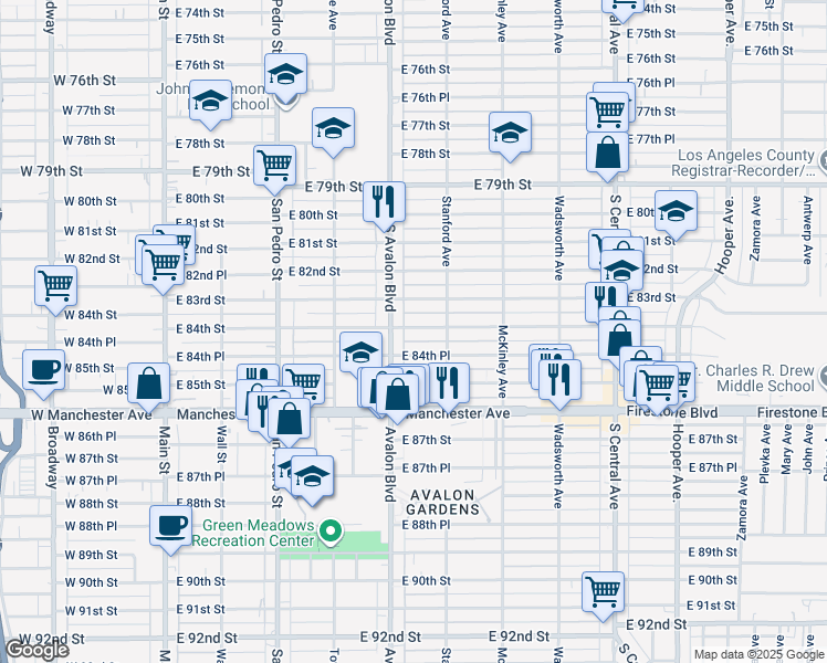 map of restaurants, bars, coffee shops, grocery stores, and more near 620 East 84th Street in Los Angeles