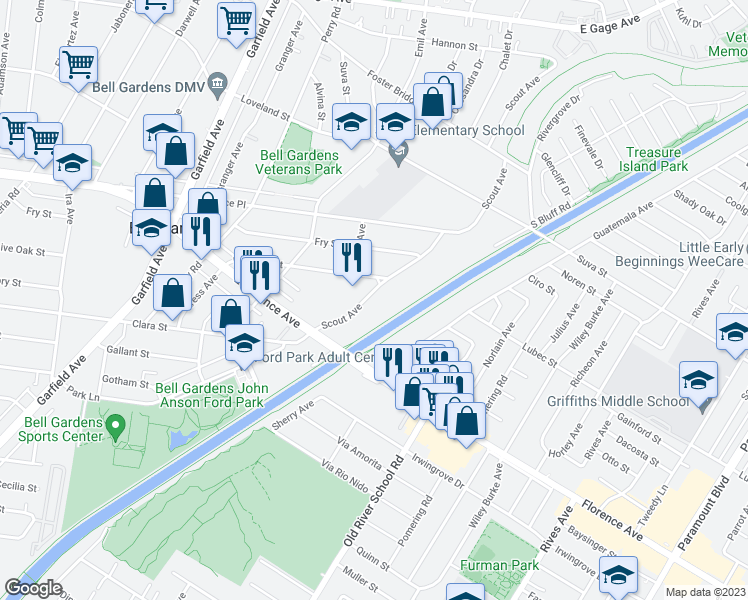 map of restaurants, bars, coffee shops, grocery stores, and more near 7424 Scout Avenue in Bell Gardens