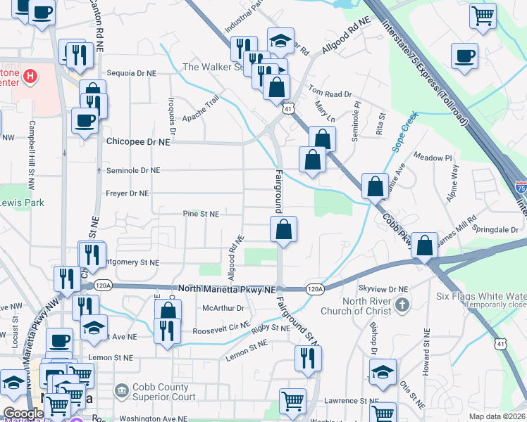 map of restaurants, bars, coffee shops, grocery stores, and more near 465 Hyde Drive Northeast in Marietta