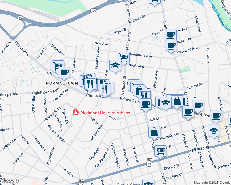 map of restaurants, bars, coffee shops, grocery stores, and more near 1022 Prince Ave in Athens