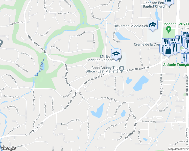 map of restaurants, bars, coffee shops, grocery stores, and more near 4261 Lower Roswell Road in Marietta